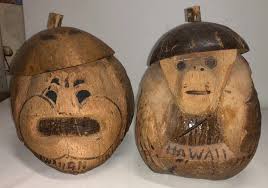 Rare Vintage Hawaiian Carved Coconut Tiki Face Mask & Monkey ...