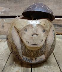 Vintage Hand Carved Coconut "have Fun" With Face Storage ...