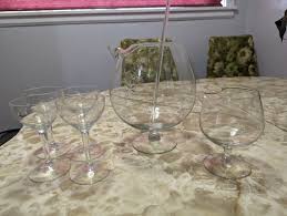 Mcm Clear Etched Glass 7 Piece Barware Set Star and Vine Etching on Large Pinched Lip Pitcher Original Glass Stir Stick 4 Glasses and Mini - Etsy