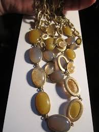 GOLD METAL FAUX AGATE STONE NECKLACE HEAVY TRIPLE STRAND ...