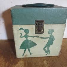 Shabby Vintage 1950s Record Box Carrying Case Turquoise and White Sharkskin Green Dancing Kids Pattern Print for 7 Inch 45 RPM Records 8896 - Etsy