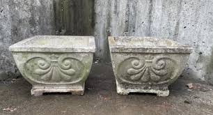 Pair Cast Cement Outdoor Planters W Acanthus Motif