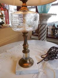 Vintage Etched Glass, Brass and Marble Table Lamp | eBay