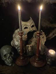 Antique Wooden Candle Sticks + Pair of Black Spell Candles + Skeleton Box of Matches at Gothic Rose Antiques - Etsy