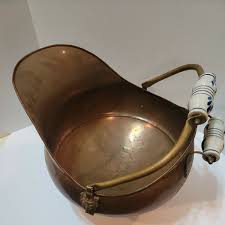 Vintage Antique Copper Coal Ash Scuttle Bucket With Delft Blue Porcelain Handles | eBay