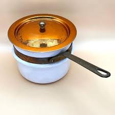 Vintage Double Boiler Pot Enamel 2 Qt White Brass Handle Copper Band & Lid Korea - Etsy