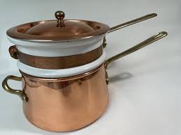 Vintage Copper & Ceramic Pot Pan Double Boiler w/ Brass Handles Made In Korea | eBay
