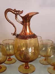 Buton Decanter, Amphora, Carafe, Glass, Amber Color, 6 Glasses, Vintage | eBay