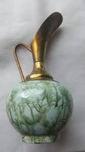 Delft Pitcher Vase MId Century Brass and Marbled Blue ...