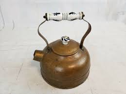 Vintage Copper Tea Kettle Blue & White Ceramic Handle And ...