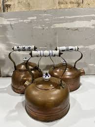 set 3 Copper Tin Tea Pot Kettle BLUE WHITE Ceramic Handle ...