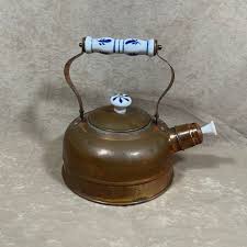 Vintage Copper Tea Kettle W/ Spout Plug Hand Painted Blue ...