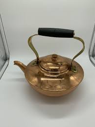 Copper Flat Kettle Wood Handle Marked Laminaco Made in ...