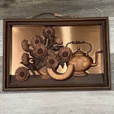 Vtg Copper Craft Guild 3D Framed Art Flowers Tea Kettle MCM Wall Hanging 11”x16” | eBay