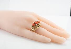 Diamond Coral Red Ring 14K Gold Vintage Estate Three Stone ...