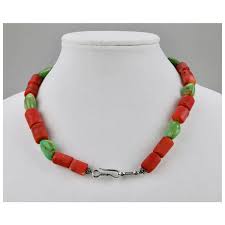 Red Coral And Green Turquoise Beaded Necklace 19 Inch Length Hook . For Sale at Ruby Lane