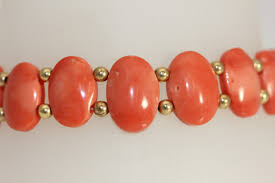 Beautiful 14K Yellow Gold Orange pink Coral Cabochon Bracelet 7.25"-9136 | eBay