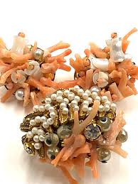 VINTAGE SANDOR SIGNED BRANCH REAL CORAL Faux PEARLS SET ...