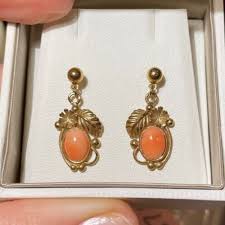 Art Deco Carved Salmon Coral Cab Flower Gold t Dangle Stud Earring GIFT BOX Co31 | eBay