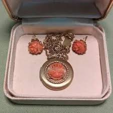 Krementz | Jewelry | Gold Antique Carved Celluloid Coral Rose Locket Earring Set Original Box | Poshmark