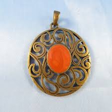 Vintage Oval Brass-Tone Pendant Openwork & Orange Swirl ...