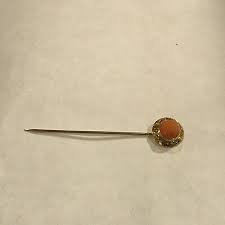 Antique Coral 14K Yellow Gold Stick Pin round Filigree Hat ...