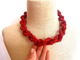 Vintage Sherpa Coral Glass Braided Necklace: 1960s Red Bead ...