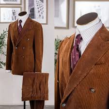 Men Suits Regular Fit Corduroy Notch Double Breasted Blazer ...