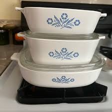 Nine piece blue flower CorningWare set from 1980s.