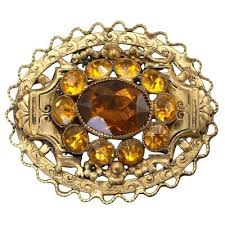 Vintage Victorian Style OX Brass Yellow Brown Amber Glass Rhinestone Brooch | eBay