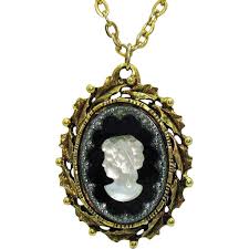 Unique Vintage Costume Glass Black White Marcasite Cameo Necklace . For Sale at Ruby Lane