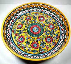 West Bank Palastine Pottery Bowl Large Ceramic Yellow Dish Handmade Israel 10.5" | eBay