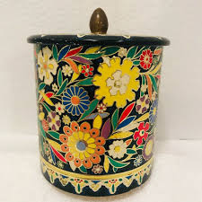 Vtg Metal Biscuit Tin w Lid Bright Florals made in Holland | eBay
