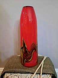 14" Vibrant Red Hand Blown Art Glass Vase with Yellow /Black ...