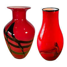 Art Glass Red Abstract Vases- A Pair | Chairish
