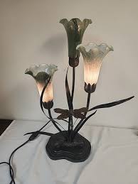 VTG Tiffany Style Table Lamp Brass Glass Tulips & Dragonfly ...