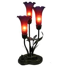 Lochlyn Tiffany Style Stained Glass Lily Table Lamp, Triple Shade, Purple