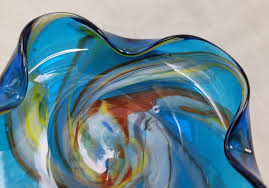 Vintage 6" Square Blue Swirl Fused Art Glass Curled Edge ...