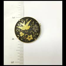 Vintage 1970s Damascene Brooch Black Gold Tone with Bird. For Sale at Ruby Lane