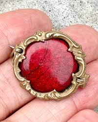 Antique Victorian Red Guilloche Brooch in Gold Gilded Brass. - Etsy