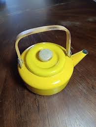 VTG Bright Yellow Enamel Metal Teapot with Wooden Handle Pre ...