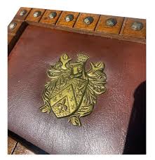 1990s Vintage Wooden Jewelry Box Medieval Crest Brass Emblem ...