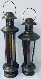 Set Of 2 Brass Etched Glass Candle Holder Lanterns ...