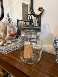 Antique Oakes MFG Co Butter Churn, Greek Key Glass Jar and Cast Iron Wooden Butter Churn | Chairish