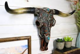 20" L Rustic Western Tooled Leather Cross Longhorn Bull Cow Skull Wall– Ebros Gift