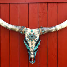 Texas Longhorn Skull Wall Art--54" Genuine Skull With Turquoise Gemstones, Mother of Pearl, Southwestern, Rustic Decor, OOAK, Western Decor - Etsy