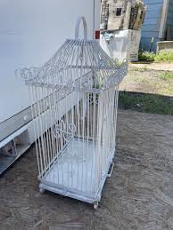 Vtg Birdcage White Metal Large Feather Bird Nest 22" Shabby ...