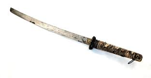 Sold at Auction: Antique Japanese Samurai Sword (Katana) with Leather Saya (Scabbard) Brass Tsuba and Steel Blade with Character Marks Embossed. Real Skin Grip.73cm Length