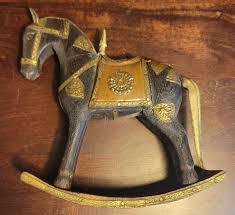 Antique wooden rocking horse with hammered copper and brass inlay | eBay Australia