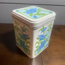 Vtg Storage Tin Art Nouveau Style Blue Floral Morning Glory ...
